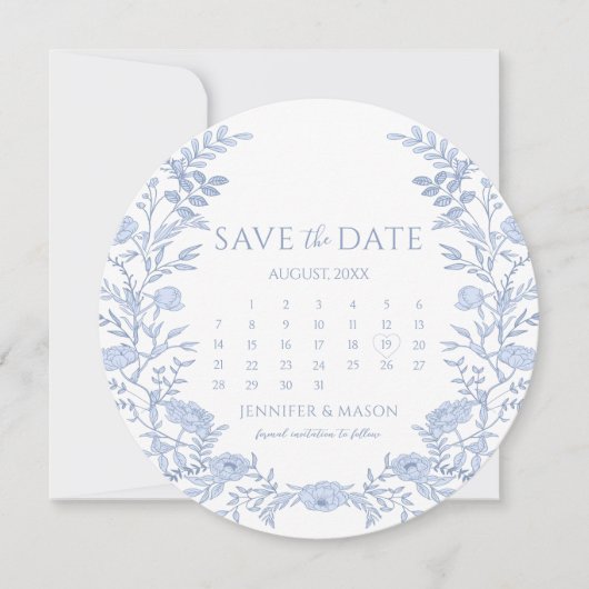 Lichtblauwe bloemenkalender Bewaar de datumcirkel Kaart (Voorkant)