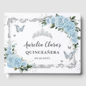 Lichtblauwe bloemenvlinders Quinceañera Gastenboek (Voorkant)