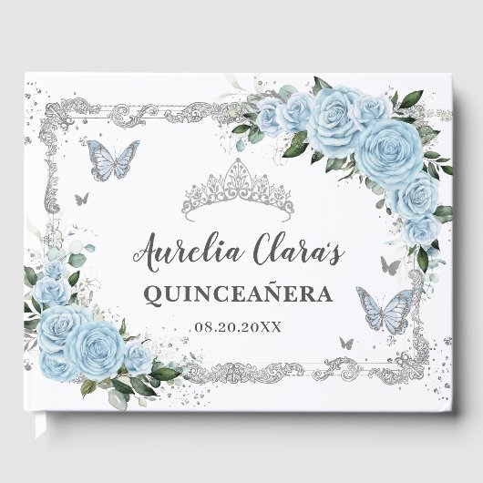 Lichtblauwe bloemenvlinders Quinceañera Gastenboek (Voorkant)