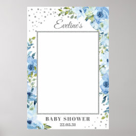 Lichtblauwe bloemige zilveren baby shower foto pro poster