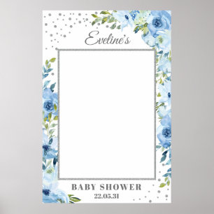 Lichtblauwe bloemige zilveren baby shower foto pro poster