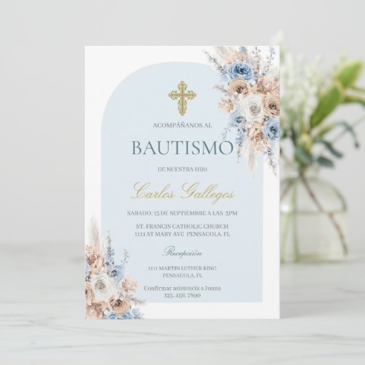 Lichtblauwe boho bloemendoop kaart (Staand voorkant)