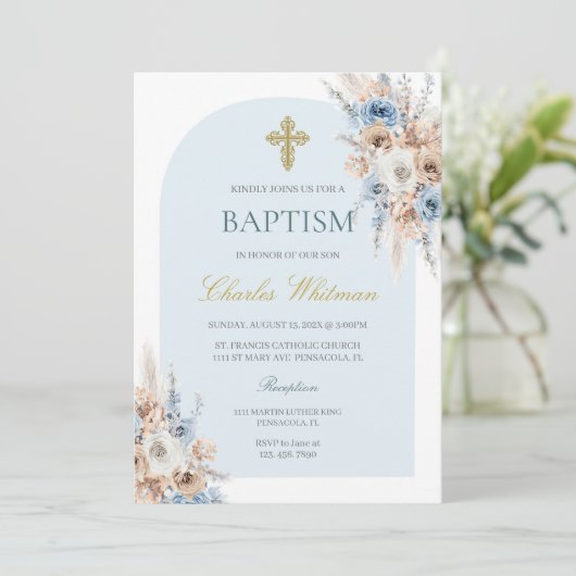 Lichtblauwe boho bloemendoop kaart (Staand voorkant)