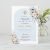 Lichtblauwe boho bloemeneerste communie kaart (Staand voorkant)