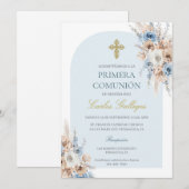 Lichtblauwe boho bloemeneerste communie kaart (Voorkant / Achterkant)