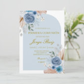 Lichtblauwe boho eerste communie kaart (Staand voorkant)