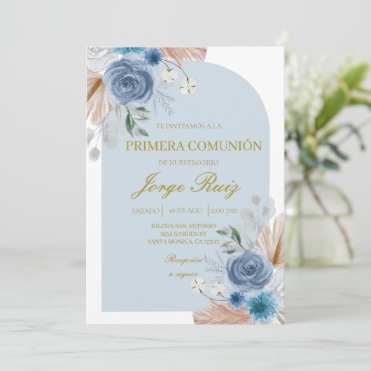 Lichtblauwe boho eerste communie kaart (Staand voorkant)