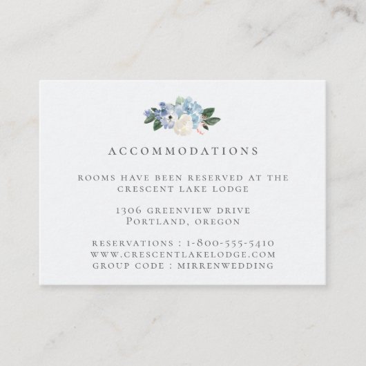 Lichtblauwe botanische bruiloft accommodaties informatiekaartje (Voorkant)