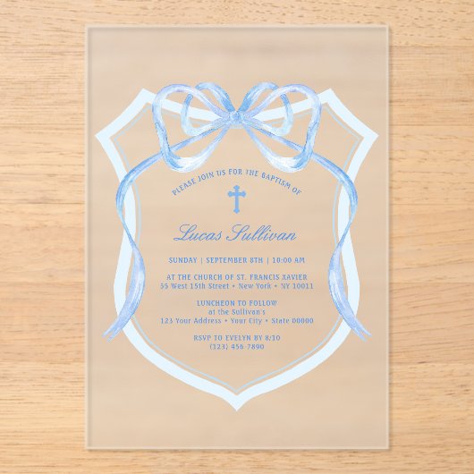 Lichtblauwe Bow Crest doop Acryl Uitnodigingen (Voorkant)