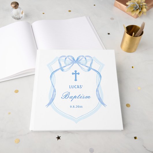 Lichtblauwe Bow Crest doop Gastenboek (Voorkant open)