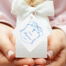 Lichtblauwe Bow Crest doop gunst Tags
