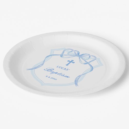 Lichtblauwe Bow Crest doop Papieren Bordje (Gekanteld)