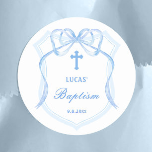 Lichtblauwe Bow Crest doop Ronde Sticker