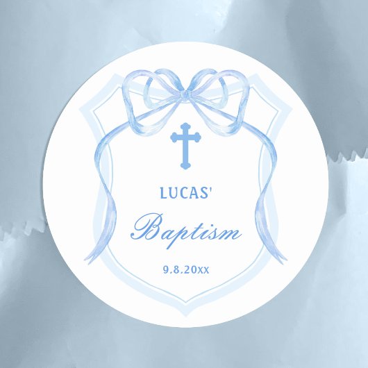 Lichtblauwe Bow Crest doop Ronde Sticker