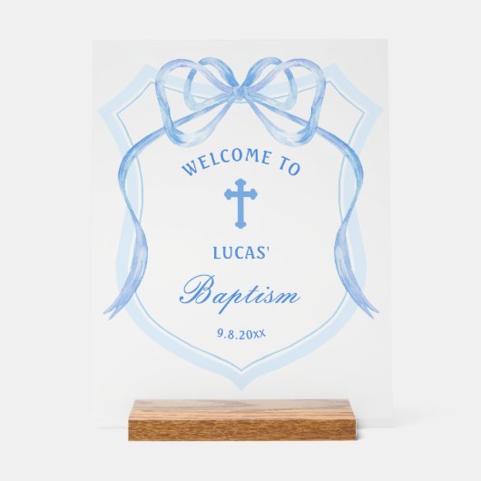 Lichtblauwe Bow Crest doop welkom Acryl Bord (Voorkant)