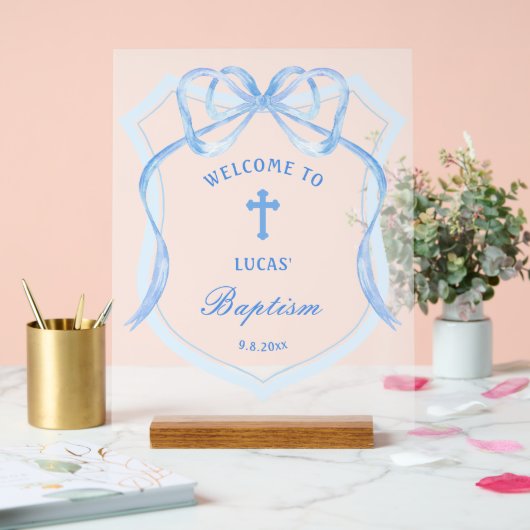 Lichtblauwe Bow Crest doop welkom Acryl Bord (Huwelijk)