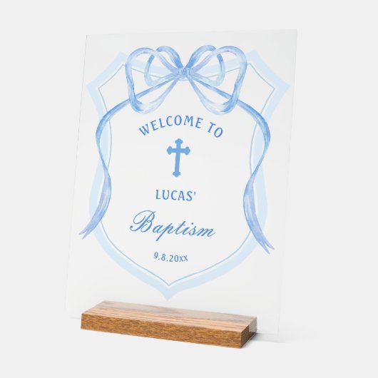 Lichtblauwe Bow Crest doop welkom Acryl Bord (Hoek)