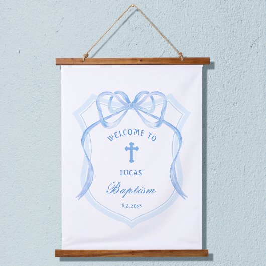 Lichtblauwe Bow Crest doop welkom Hangend Wandkleed