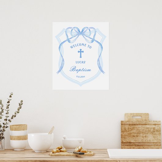 Lichtblauwe Bow Crest doop welkom Poster (Keuken)