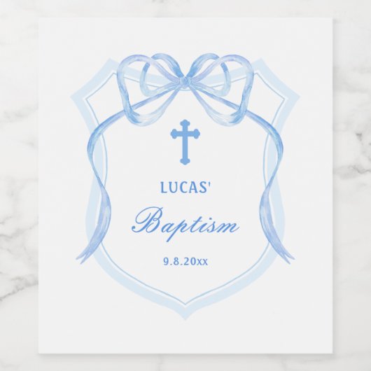 Lichtblauwe Bow Crest doop Wijn Etiket (Enkel label)