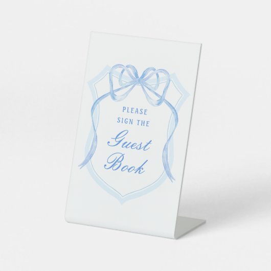 Lichtblauwe Bow Crest Guest Book Reclamebord Met Voetstuk (Voorkant)