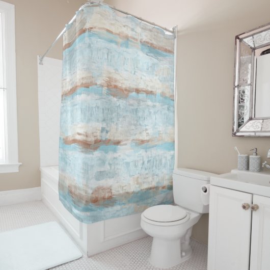 Lichtblauwe bruine witte Waterverf Stripes Douchegordijn (In situ)