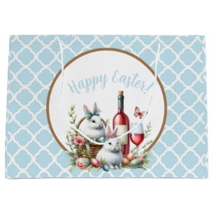 Lichtblauwe Bunny & Wine Waterverf Groot Cadeauzakje