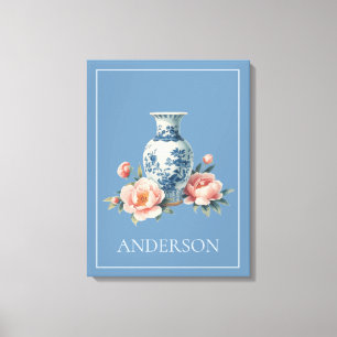 Lichtblauwe Chinoiserie Vaas Bloem Canvas Afdruk