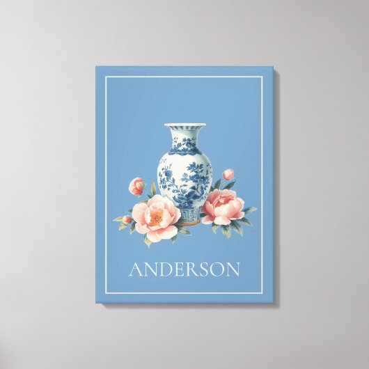 Lichtblauwe Chinoiserie Vaas Bloem Canvas Afdruk (Voorkant)
