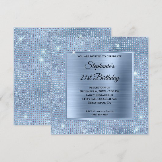 Lichtblauwe diamant bezette folie 21e verjaardag kaart (Voorkant / Achterkant)