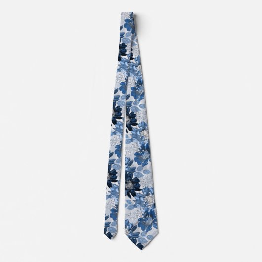 Lichtblauwe, donkerblauwe bloemen op lichtgrijs stropdas (Achterkant)