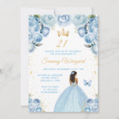 Lichtblauwe donkere huid prinses verjaardagsfeestj kaart (Voorkant)