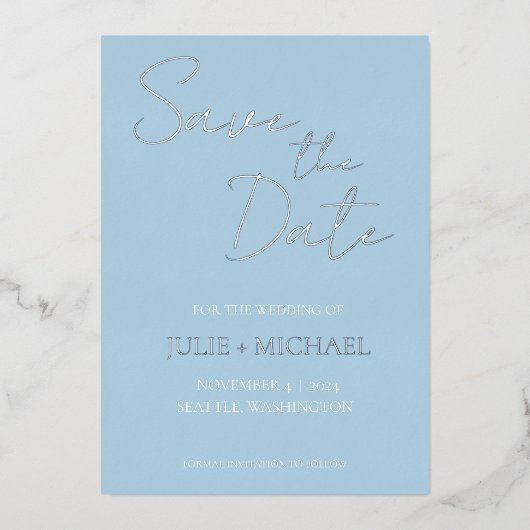 Lichtblauwe Eenvoudige Stijl Trouwen Save the Date Folie Uitnodiging (Voorkant)