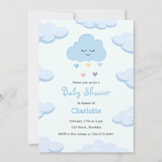 Lichtblauwe Eenvoudige Wolk Baby Shower Uitnodigin Kaart (Voorkant)