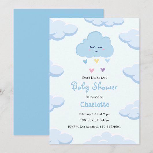 Lichtblauwe Eenvoudige Wolk Baby Shower Uitnodigin Kaart (Voorkant / Achterkant)