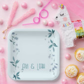 Lichtblauwe elegante Bloemen en bladeren dinerplat Papieren Bordje (Feest)