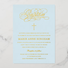 Lichtblauwe Elegante Kalligrafie Doop Goud Folie Uitnodiging