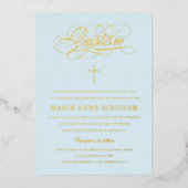 Lichtblauwe Elegante Kalligrafie Doop Goud Folie Uitnodiging (Voorkant)