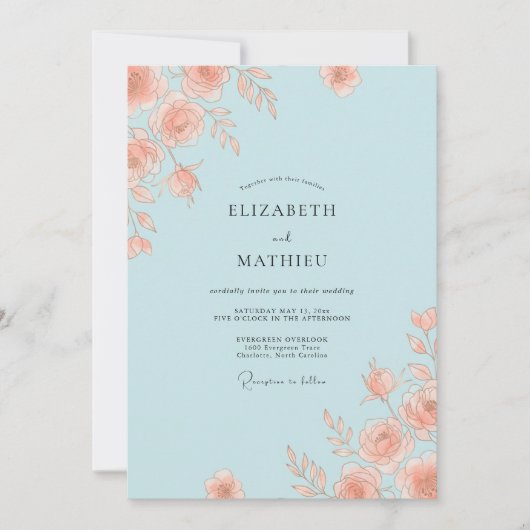 Lichtblauwe Elegante Rozen Bruiloft Kaart (Voorkant)