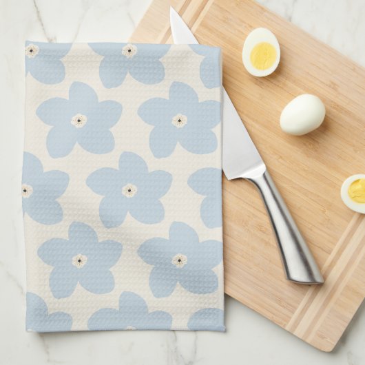 Lichtblauwe en Crème Retro Bloem Theedoek (Quarter Fold)