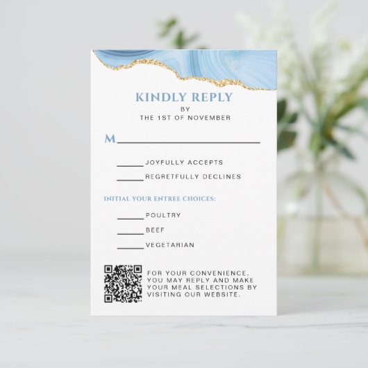 Lichtblauwe en gouden Agaat Bat Mitswa Verticaal RSVP Kaartje (Staand voorkant)