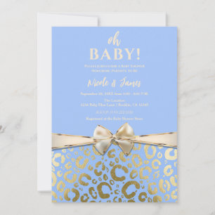 Lichtblauwe en gouden luipaardprint babyfeestje kaart