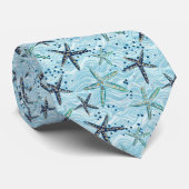 Lichtblauwe en gouden zeester op Ocean Wave Patter Stropdas (Opgerold)