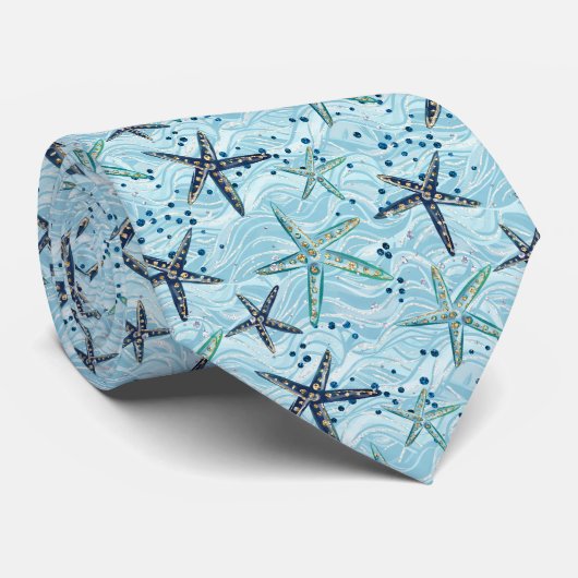 Lichtblauwe en gouden zeester op Ocean Wave Patter Stropdas (Opgerold)