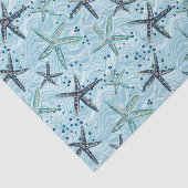 Lichtblauwe en gouden zeester op Ocean Wave Patter Tissuepapier (Detail)