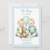 Lichtblauwe en groene tweeling jongens baby shower kaart (Voorkant)