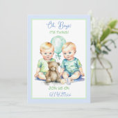 Lichtblauwe en groene tweeling jongens baby shower kaart (Staand voorkant)