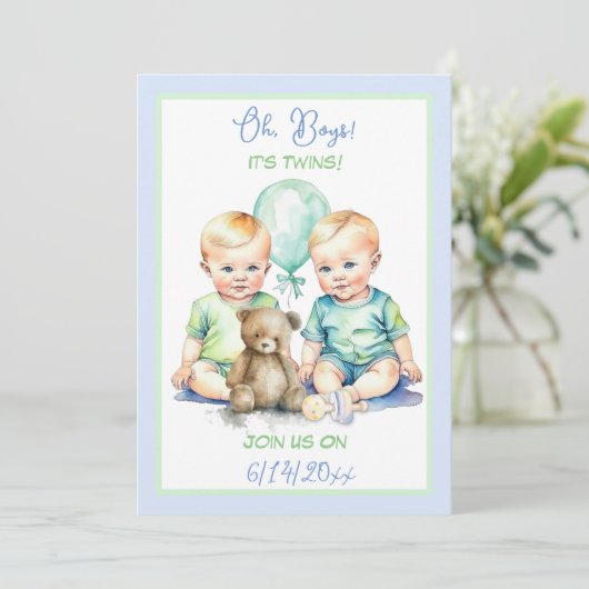 Lichtblauwe en groene tweeling jongens baby shower kaart (Staand voorkant)