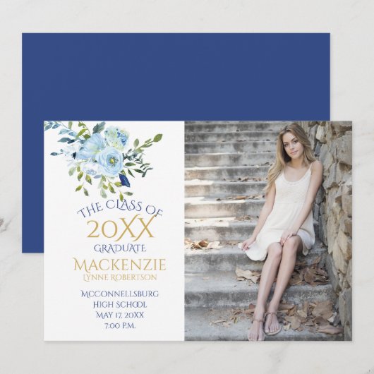 Lichtblauwe en marineblauwe bloemenfoto afstudeerf aankondiging (Voorkant / Achterkant)
