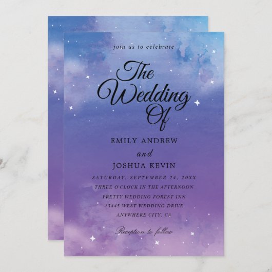lichtblauwe en paarse trouwuitnodigingen kaart (Voorkant / Achterkant)